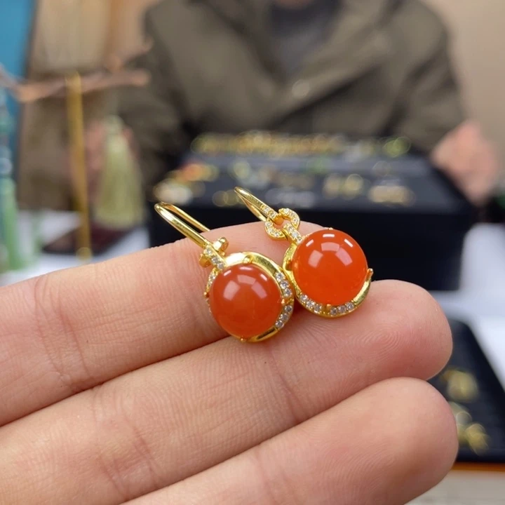 南红玛瑙银S925镶嵌耳饰