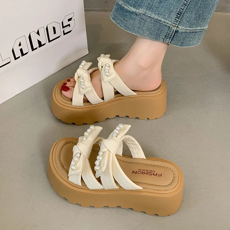 踩屎感厚底拖鞋女外穿2025夏季新款时尚增高7厘米蝴蝶结松糕凉拖