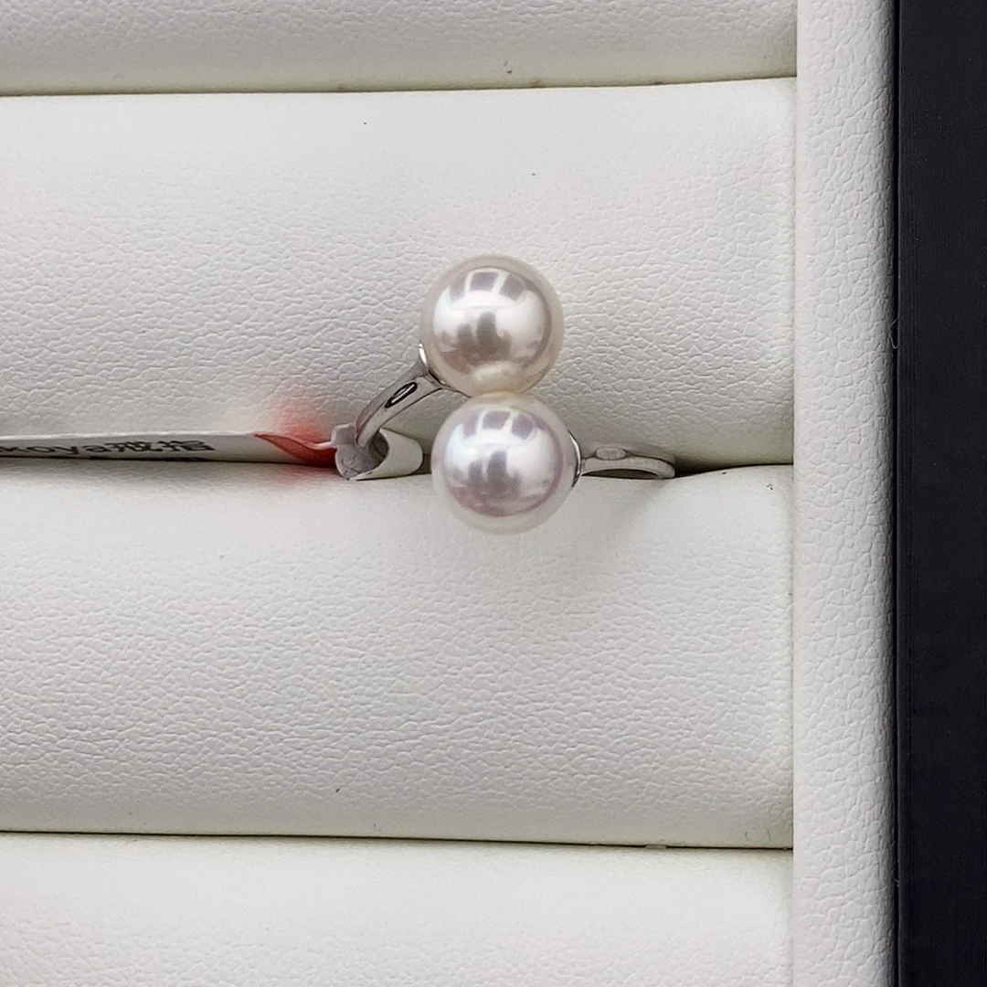 海水珍珠戒圈银S925镶嵌akoya双珠戒指8-8.5mm特价不退换