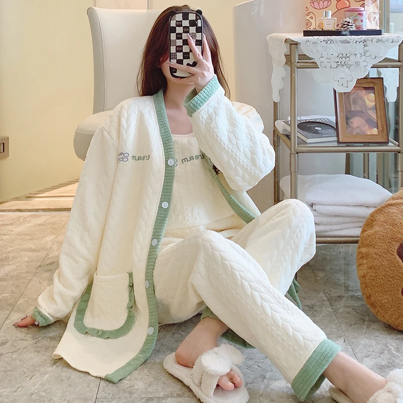 月子服春秋冬季款三件套产后空气棉加厚喂奶哺乳孕妇睡衣