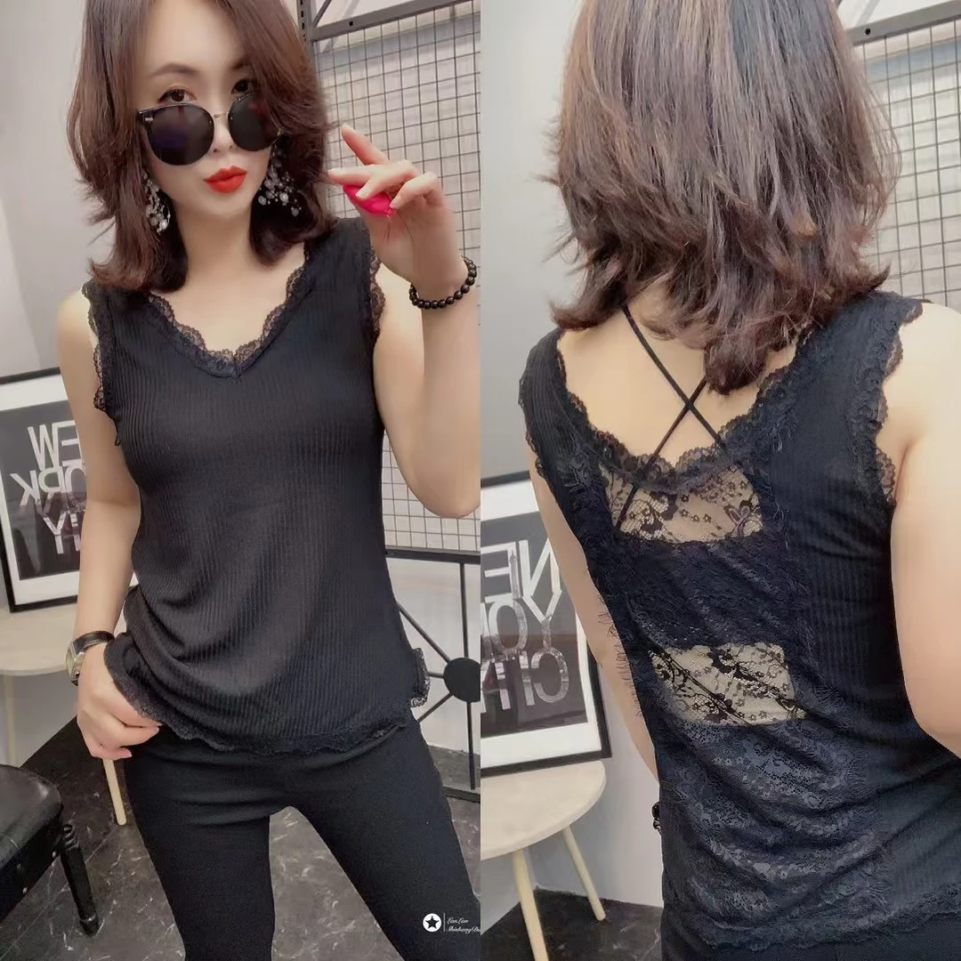 气质吊带背心女欧美性感蕾丝边V领螺纹棉内搭无袖T恤打底衫夏外穿