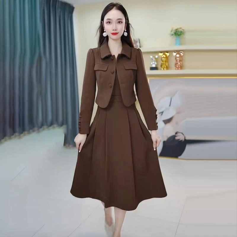 【假两件】138咖色连衣裙优雅气质时尚减龄收腰显瘦秋冬设计感