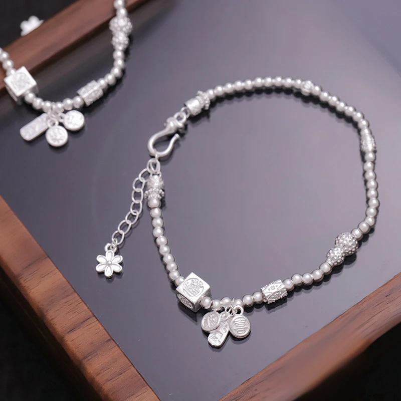 足银手链 新款复古国风健康吉言福牌小葫芦串珠手链