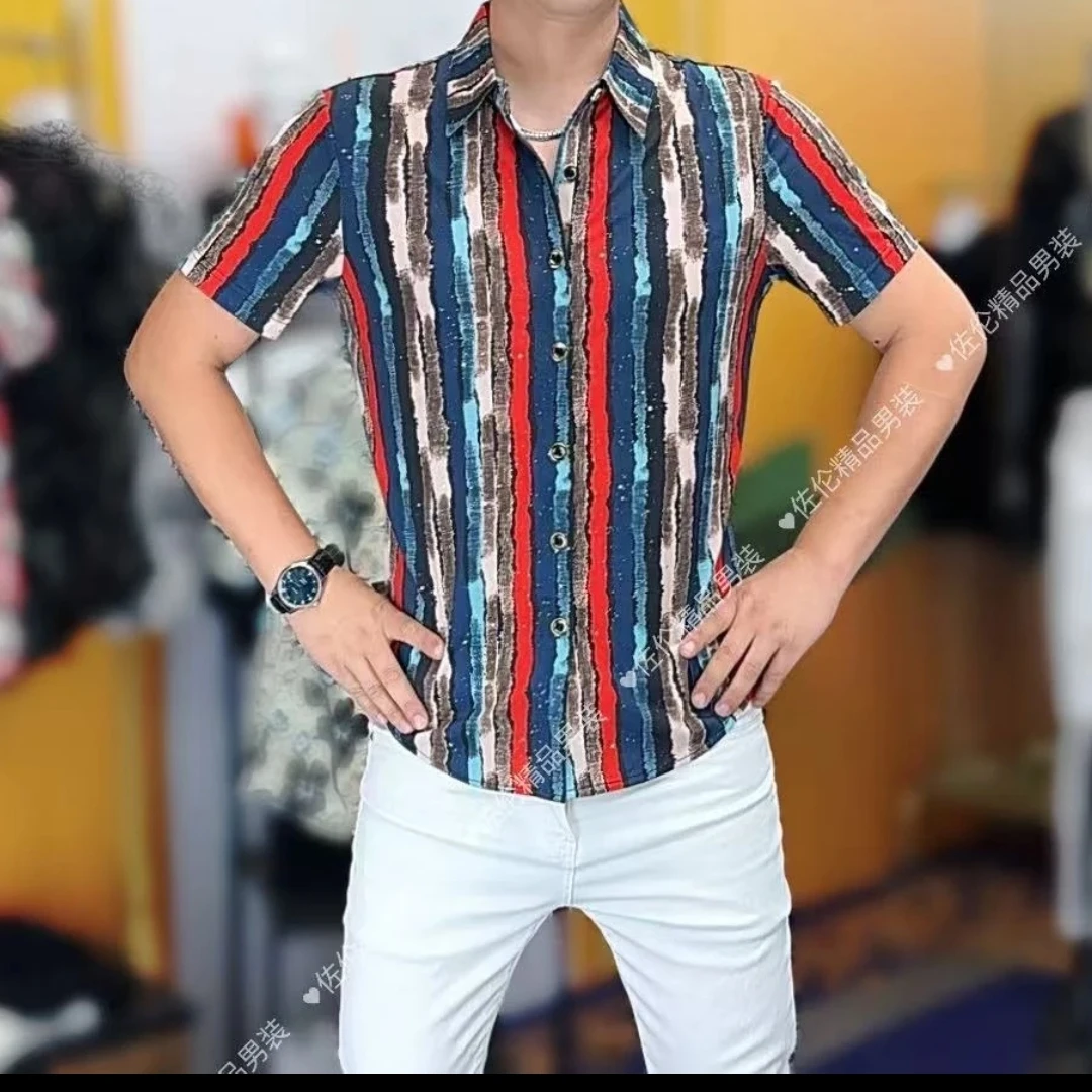 夏季新款短袖假日风时尚休闲彩色花衬衣条纹薄款轻奢英伦风复古