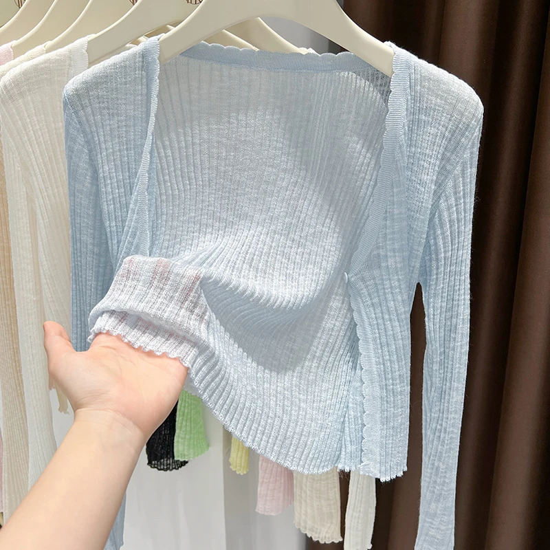 蓝色薄款针织冰丝开衫女夏季吊带裙外搭空调衫防晒小披肩上衣罩衫