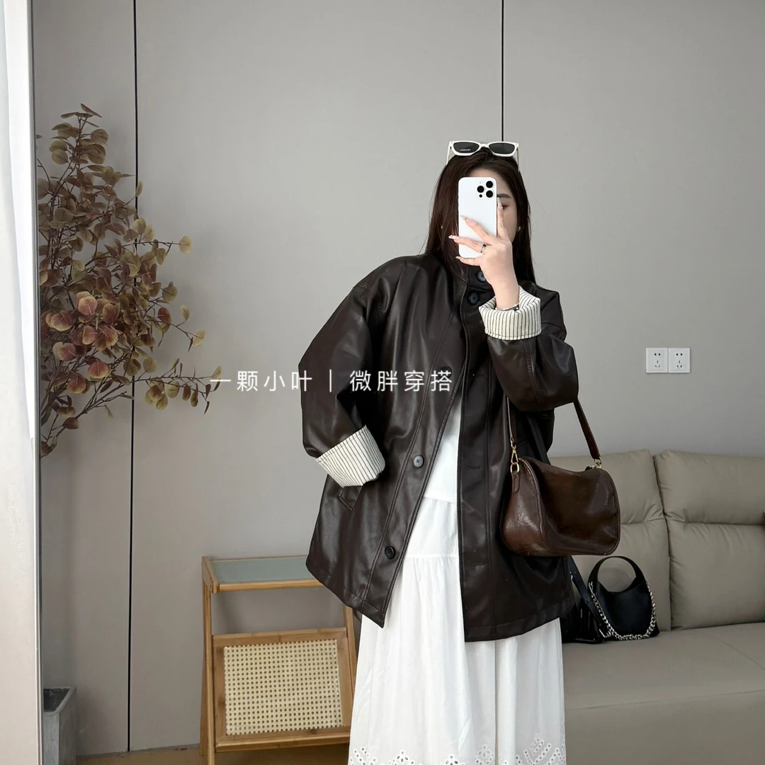 【一颗小叶】2025春款大码大版宽松立领蛋白皮中长款皮衣