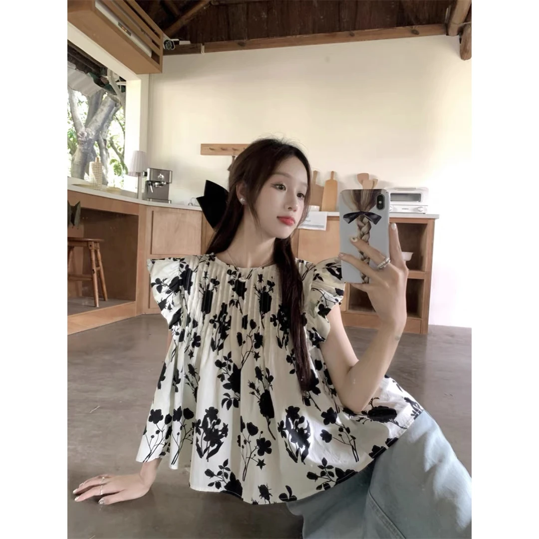 大码法式飞飞袖短袖衬衫女2025夏季新款设计感别致遮肉显瘦上衣