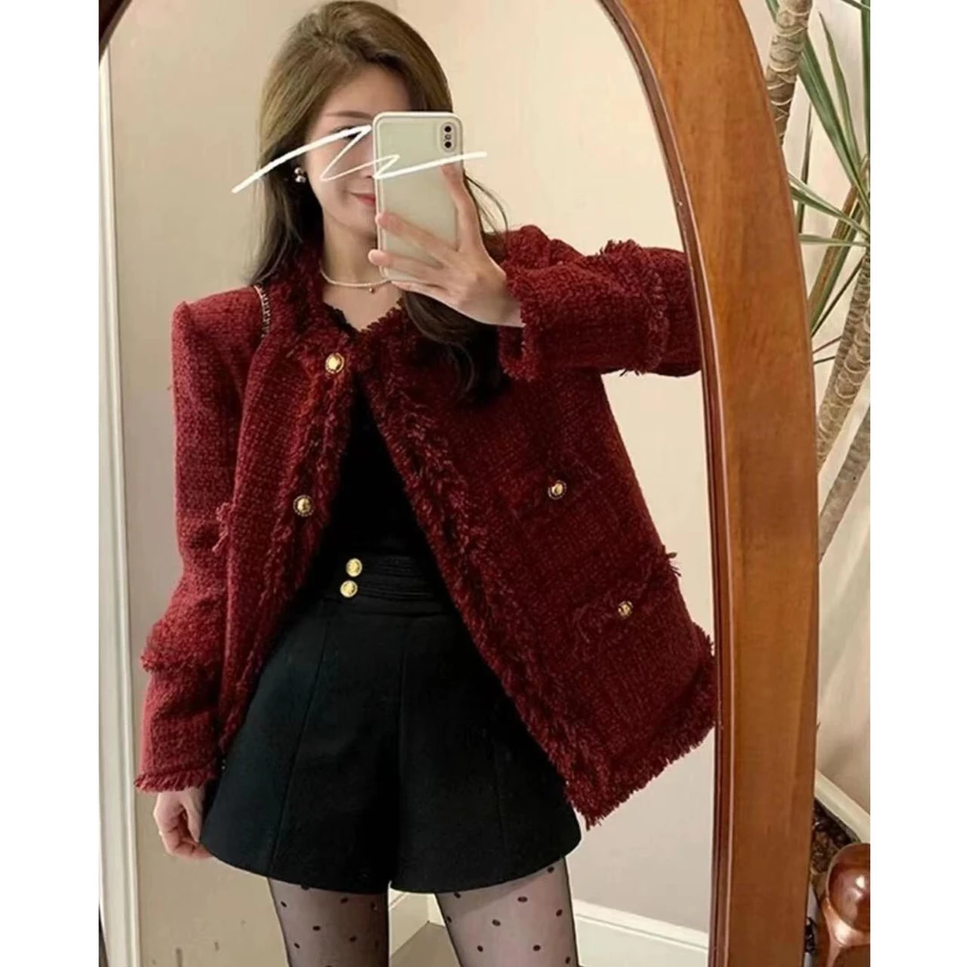 【19-29】酒红色喜庆小香风保暖气质小个子短款女士外套