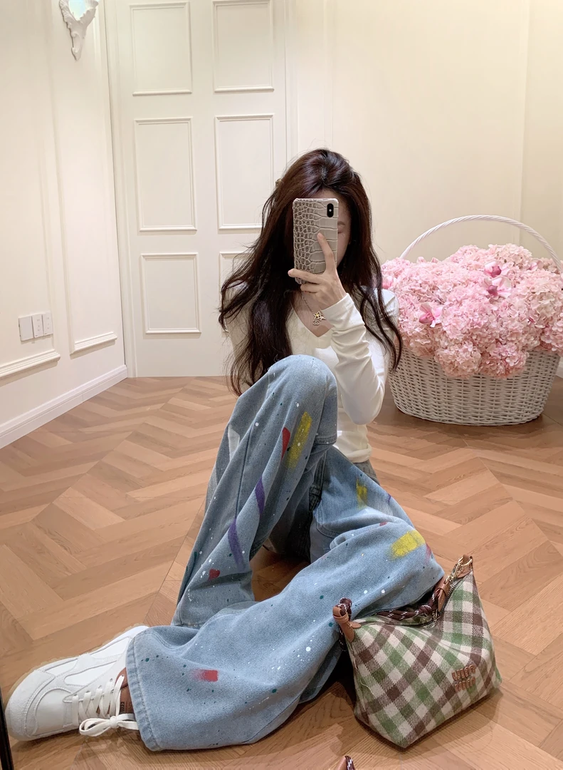 辣妹风彩绘长裤阔腿裤无弹牛仔裤显瘦裤子复古韩版百搭休闲牛仔裤