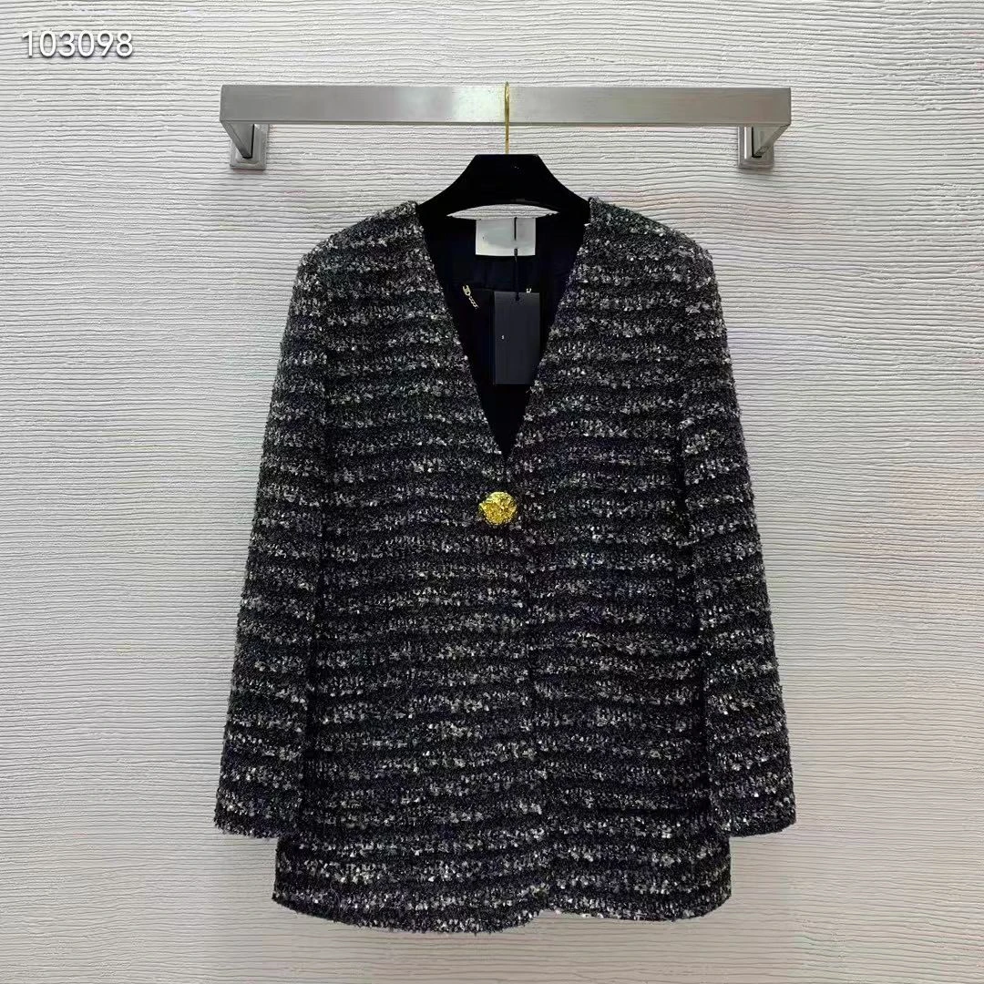 高端法式时尚V领宽松亮片设计感大衣气质小香风粗花呢外套中长款