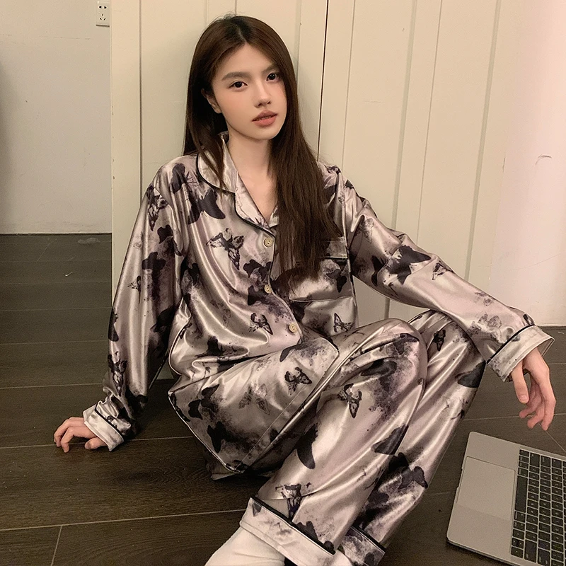 高级感冰丝长袖睡衣女春秋季2025新款女士开衫可爱蝴蝶家居服套装