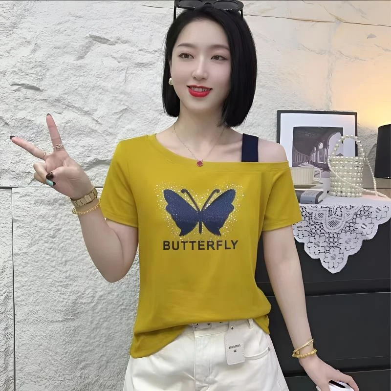 2025网红款炸街洋气漏肩拼接短袖86699