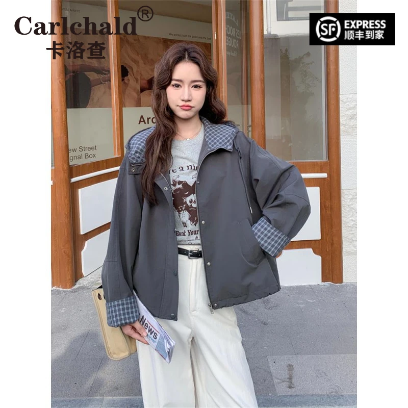 CARLCHALD卡洛查8.17设计感格纹拼接连帽短外套