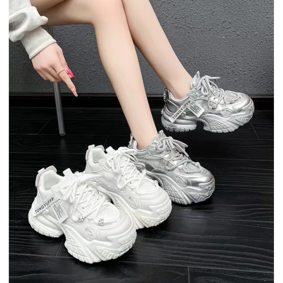 【艺咖】厚底老爹鞋女款2025新款夏季透气网面小白鞋内增高休闲 F-2