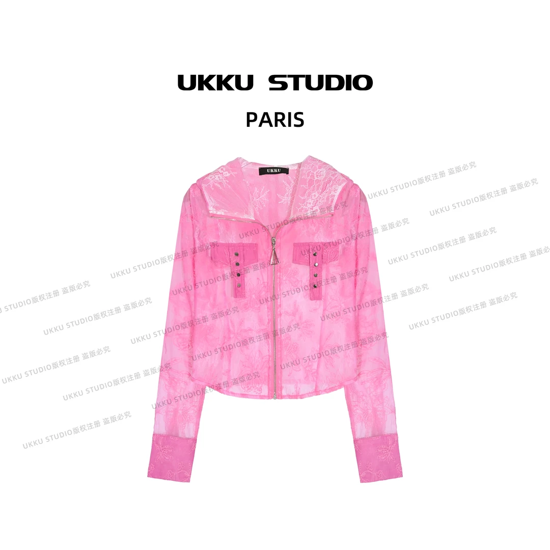 司司【UKKUSTUDIO】网红新款春季设计师款气质玫红色衬衫513850