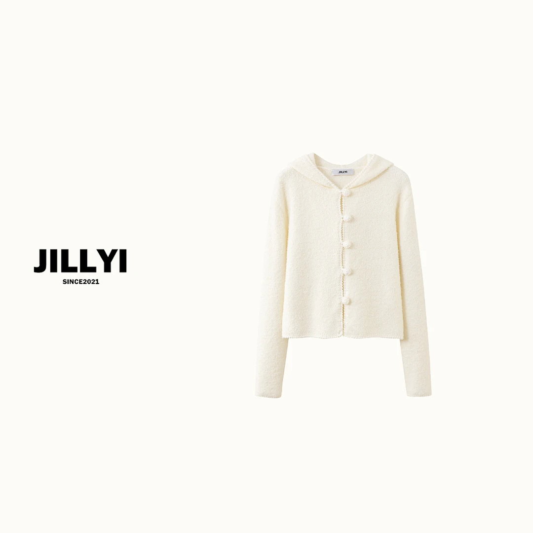 JILLYI【惬意奶白】米白色连帽毛球单排扣时尚百搭针织开衫