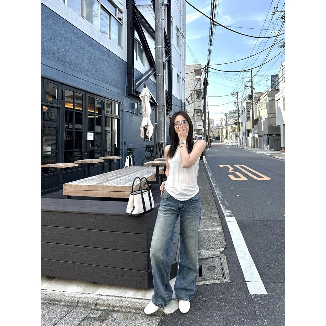 SEVEN也中腰立体高级猫须牛仔裤中腰直筒显瘦百搭裤子春季新款女