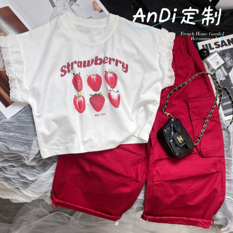 〖ANDI〗订制夏季薄款女童草莓印花短袖长裤两件套套装3844