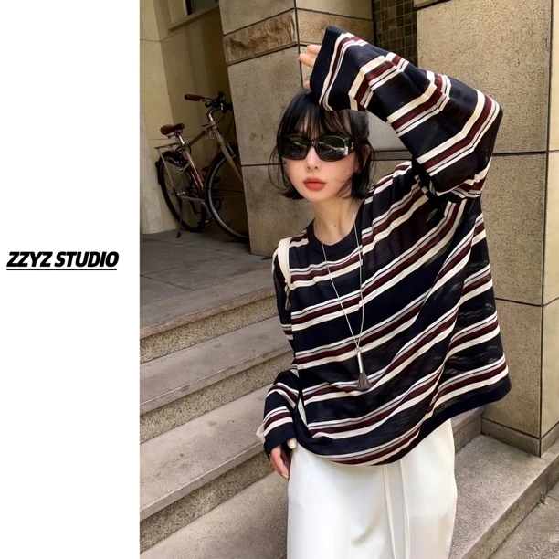 【ZZYZ】“天丝亚麻薄款条纹衫”防晒空调衫休闲针织衫长袖