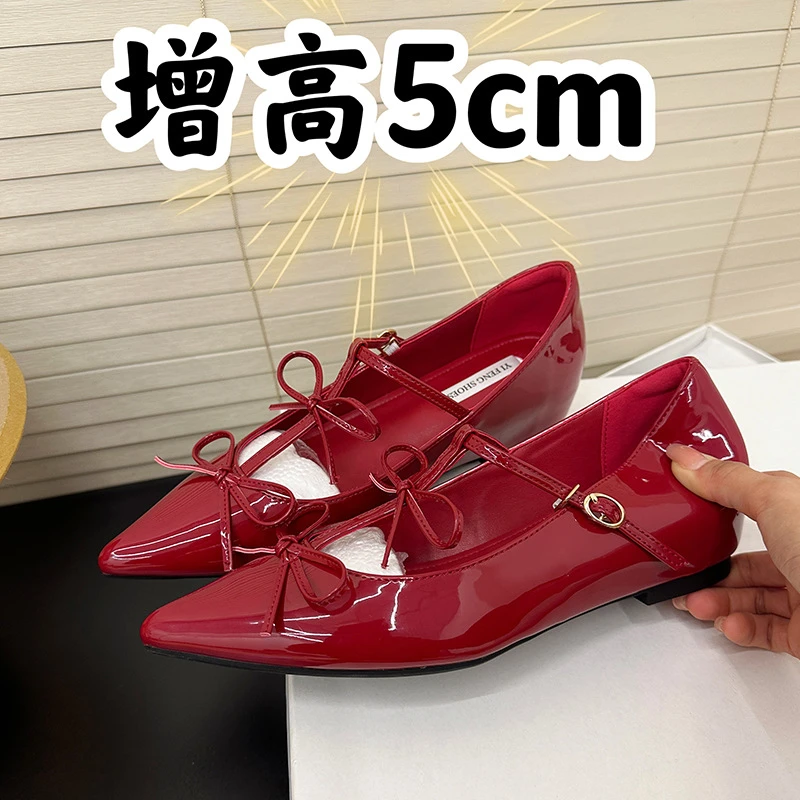 甜美蝴蝶尖头单鞋2025新款内增高小个子百搭玛丽珍平底鞋女