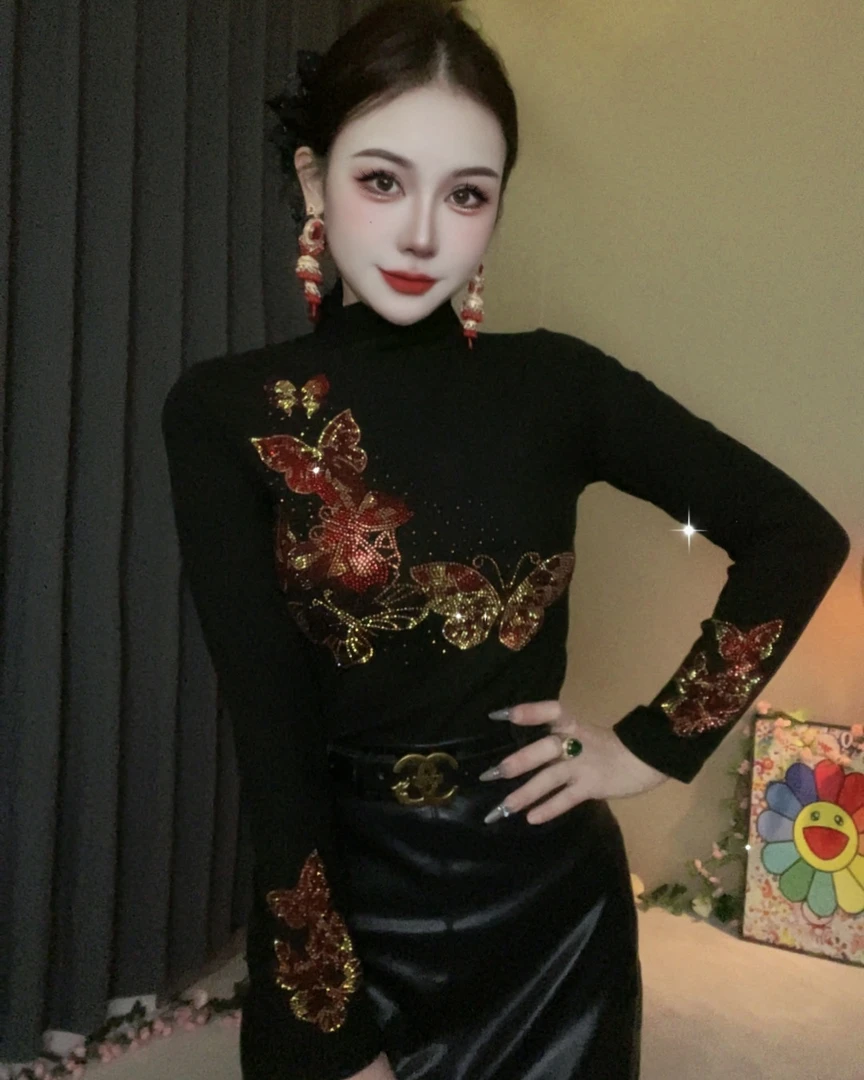 【红蓝蝴蝶秋冬新款】加绒打底衫内搭烫钻上衣修身显瘦长袖