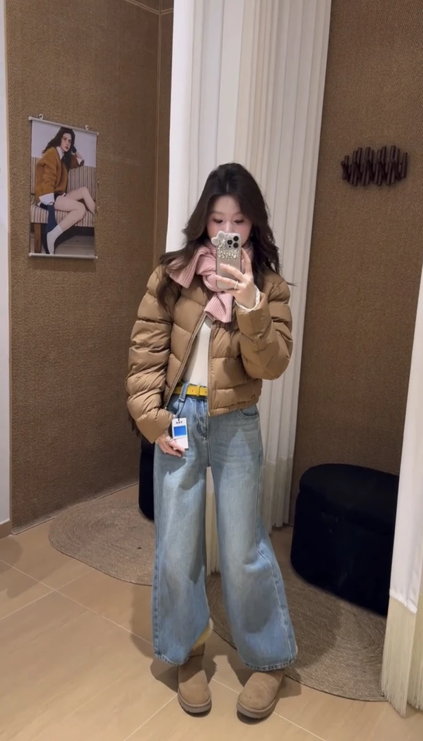 韩系圆领轻薄拉链短款棉服外套女2025冬季新款复古阔腿牛仔裤套装