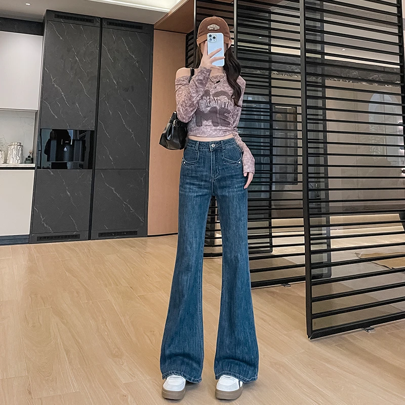 巨显瘦！微喇新款2025年弹力秋冬复古蓝小个子高腰高街牛仔裤女