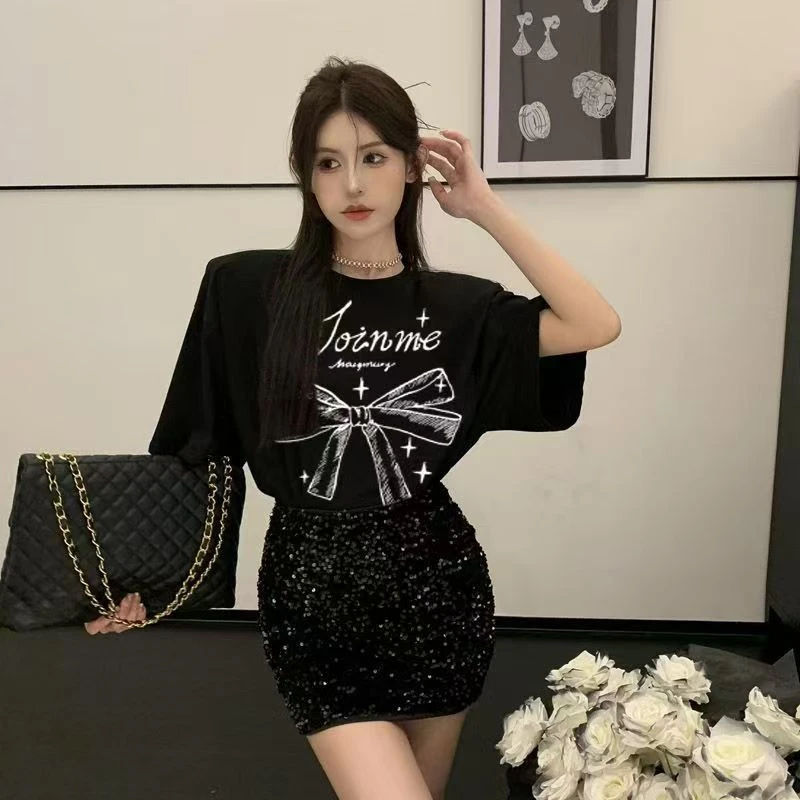宽松蝴蝶结印花短袖T恤女2025夏季新款清新正肩t恤复古休闲设计感