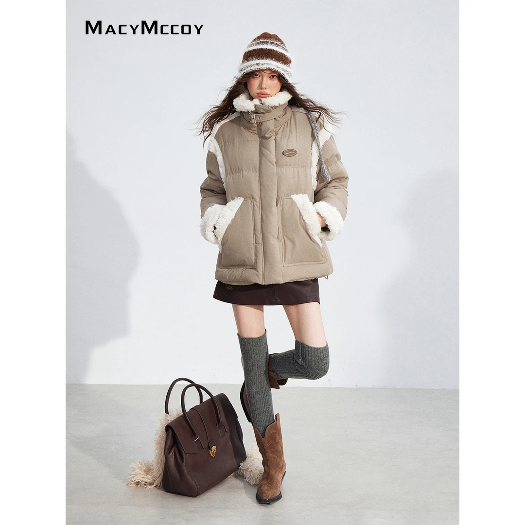 MacyMccoy羊羔毛拼接羽绒服女冬季氛围感90白鸭绒加厚保暖外套