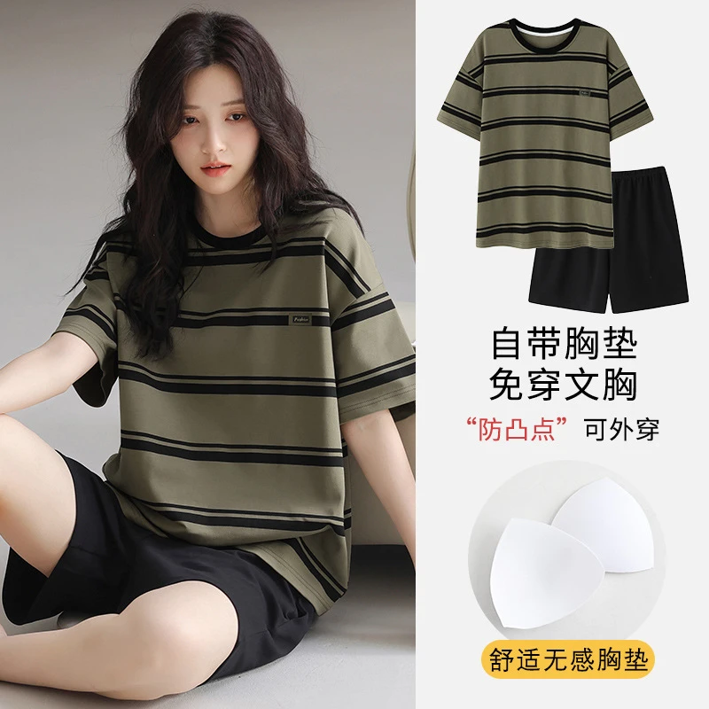 【50501】短袖睡衣女夏季薄款带胸垫卡通少女学生圆领夏天家居服