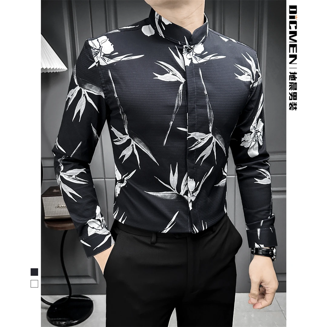 国风华夫格立领衬衫男款长袖时尚潮流修身新中式印花衬衣男士上衣