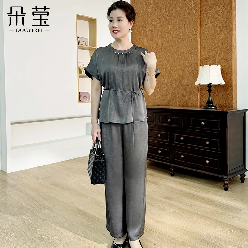 朵莹妈妈夏装新款时尚套装阔太太洋气中老年女装气质两件套25-A41