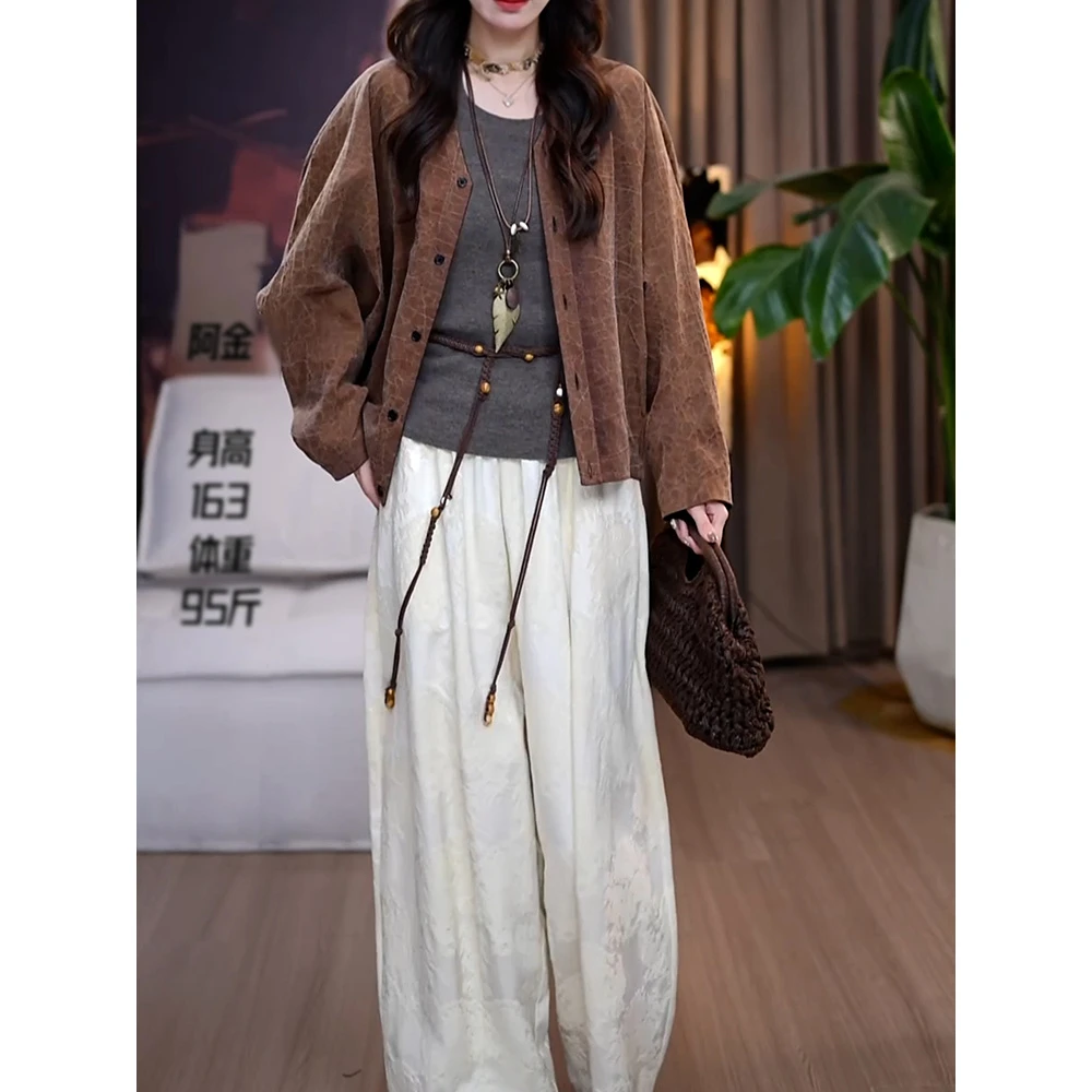 新中式国风高级轻奢气质套装2025秋新时尚宽松遮肉外套提花休闲裤