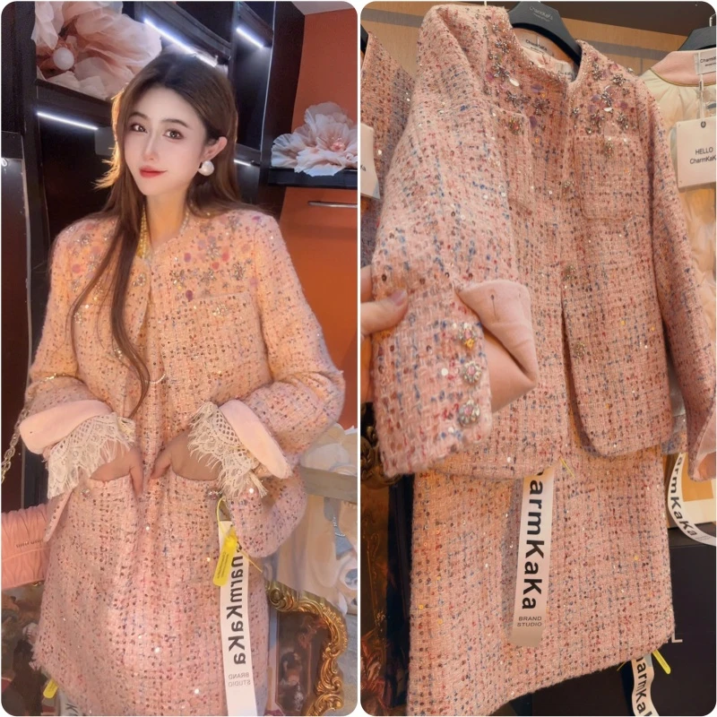 【玫瑰之泪】63736水钻花朵亮片编织香风外套+背心裙两件套