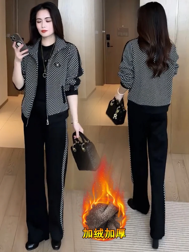 加绒加厚时尚休闲套装女冬季新款宽松显瘦立领开衫阔腿裤两件套潮