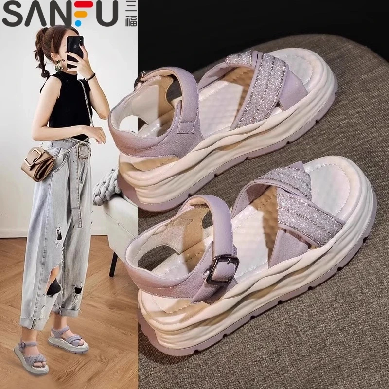 三福厚底增高凉鞋女款2025新款夏季防滑配裙子休闲运动罗马沙滩鞋