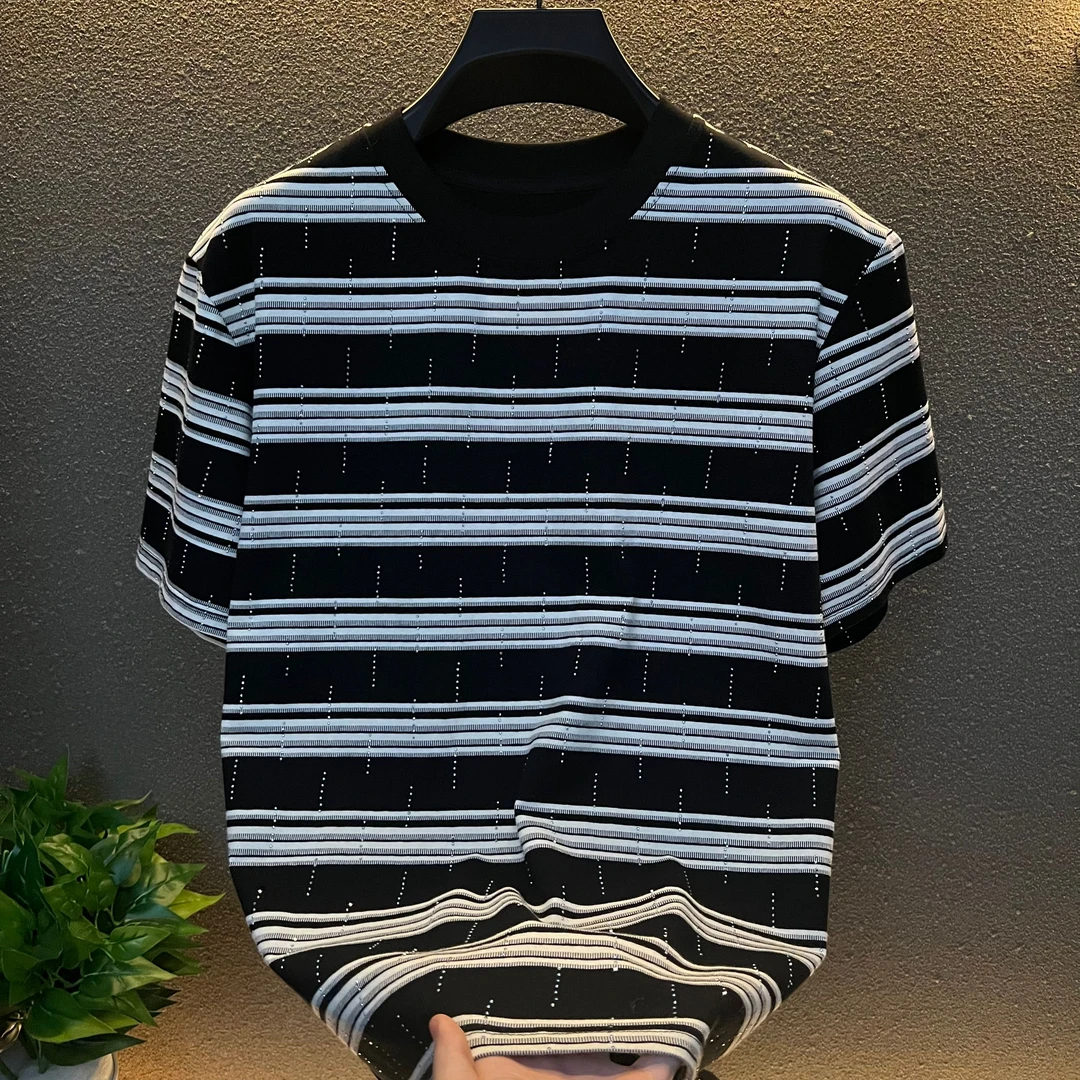 【小宋】烫钻条纹短袖T恤男夏季新款设计款轻奢男士上衣半袖体恤衫