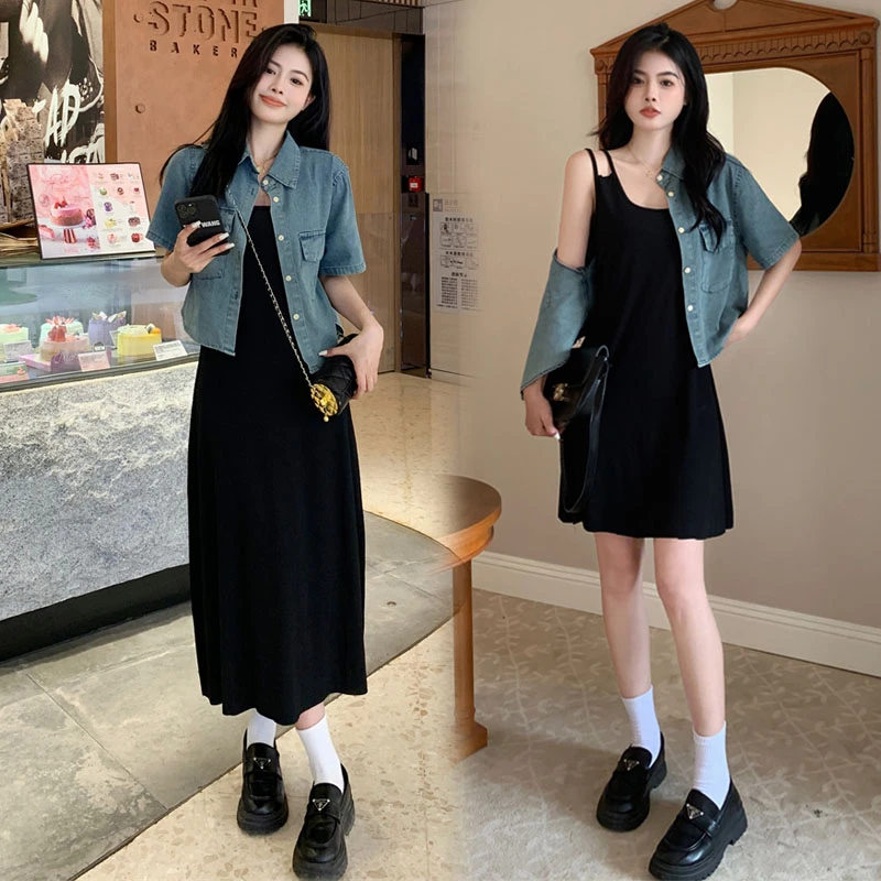 6163+7493夏女装牛仔套装显瘦微胖大码显白时尚收腰裙子