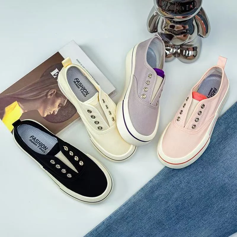 厚底一脚蹬帆布鞋女2025新款夏薄款透气百搭懒人鞋内增高休闲板鞋