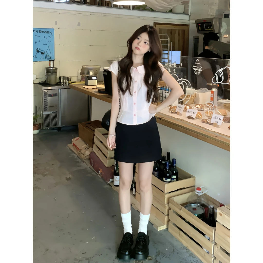 温柔穿搭套装女新款娃娃领衬衫上衣A字半身裙包臀裙甜辣两件套夏