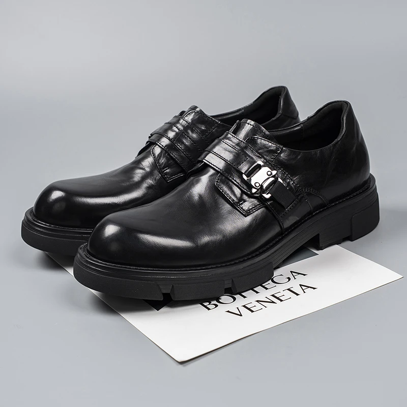 欧洲站男士头层牛皮休闲皮鞋英伦风一脚蹬厚底圆头青年增高乐福鞋