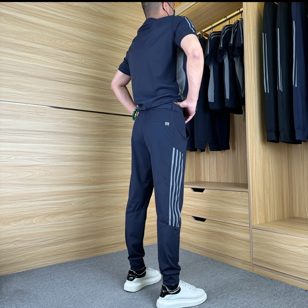 夏季高弹冰丝空调套装男士休闲套装舒适透气户外运动套装男两件套