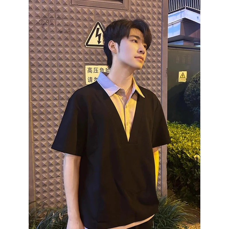 衬衫领拼接男士短袖t恤夏季cleanfit痞帅百搭polo衫ins高级感上衣