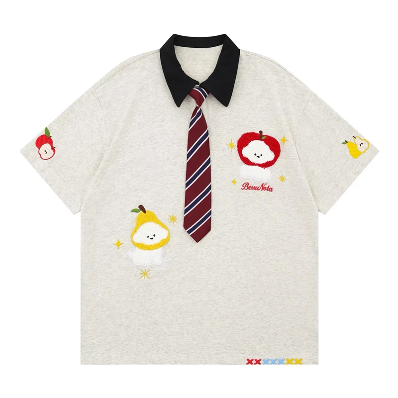 趣味卡通水果小狗刺绣Polo领短袖T恤女夏季学院风情侣宽松ins上衣