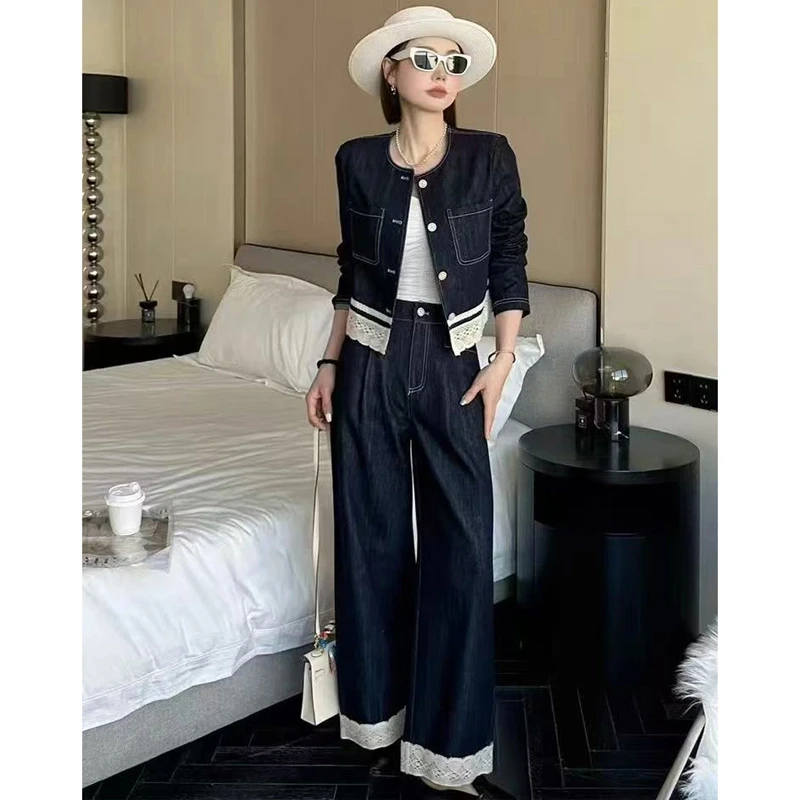 新款设计感小众小香风蕾丝拼接休闲牛仔套装女短款时尚百搭复古
