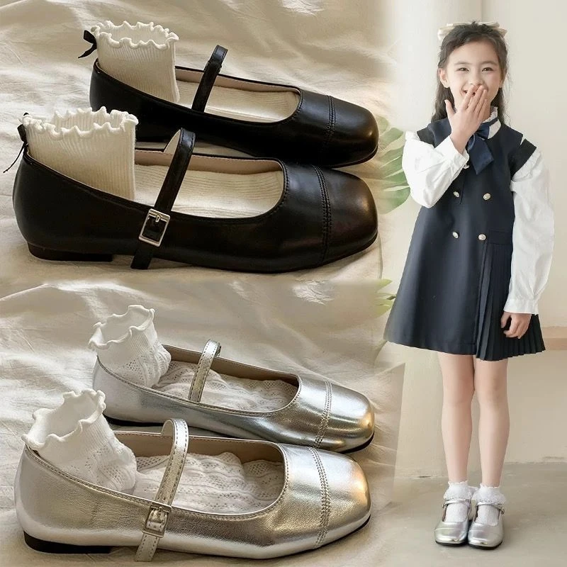 女童2025秋季新款银色玛丽珍鞋公主风软底透气网面配裙子小皮鞋