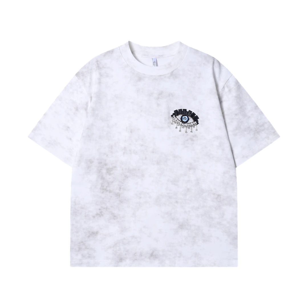夏季高级感新款韩版刺绣眼睛扎染圆领短袖T恤宽松潮流情侣上衣
