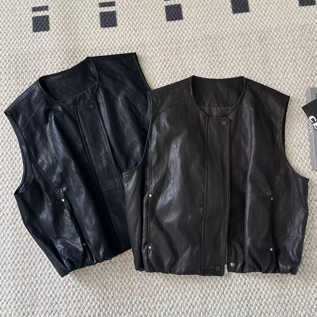 【米可家】花苞下摆铆钉扣超软皮马甲8619