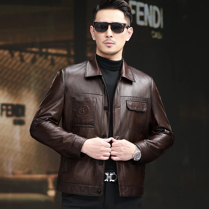 海宁真皮皮衣男100%头层小黄牛皮翻领桑蚕丝可脱卸内胆皮夹克外套