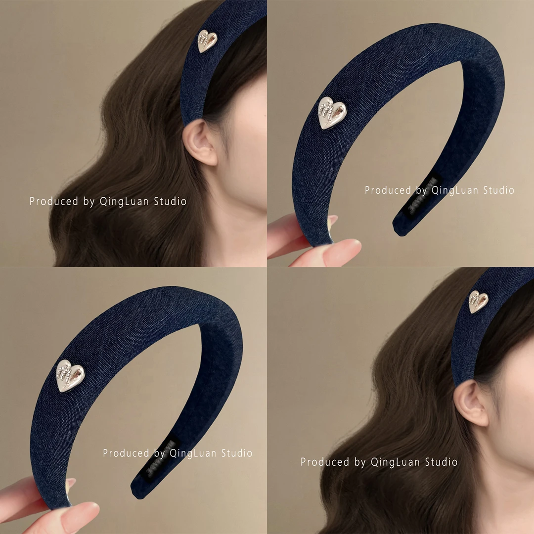 柏林之恋~复古深蓝牛仔爱心发箍女2025新款高颅顶头箍旅行发卡